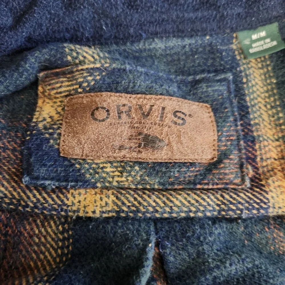Orvis Shirt Shacket Medium Blue Yellow Plaid Chore Cottage Western Flannel Heavy